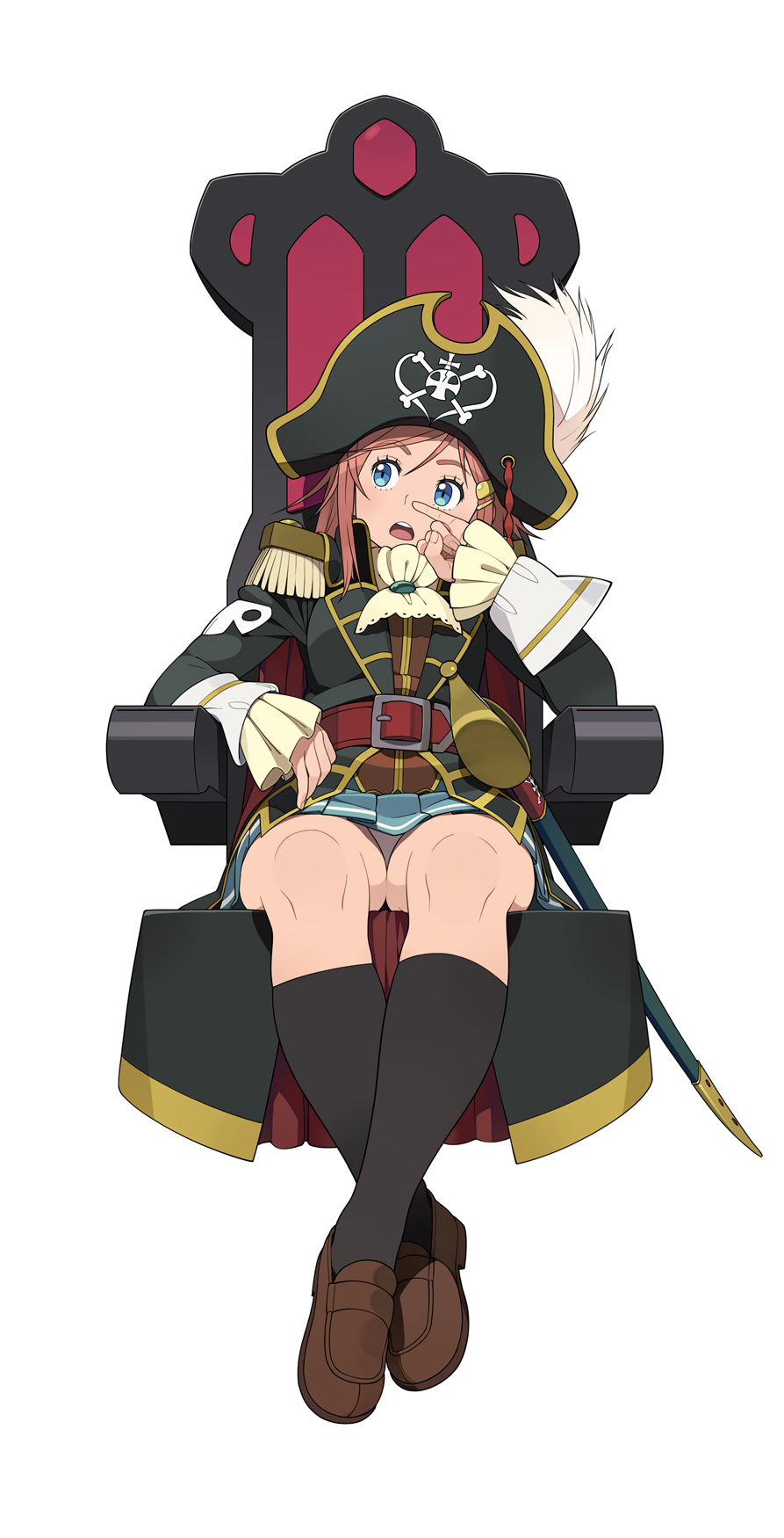 1girl ascot belt black_socks blue_eyes epaulettes female_focus full_body go_robots hair_ornament hairclip hat hat_feather highres katou_marika kneehighs loafers looking_away miniskirt_pirates nose_picking open_mouth panties pantyshot pink_hair pinky_out pirate pirate_hat pleated_skirt saber_(weapon) shoes simple_background sitting skirt skull_and_crossbones socks solo sword underwear upskirt weapon white_background