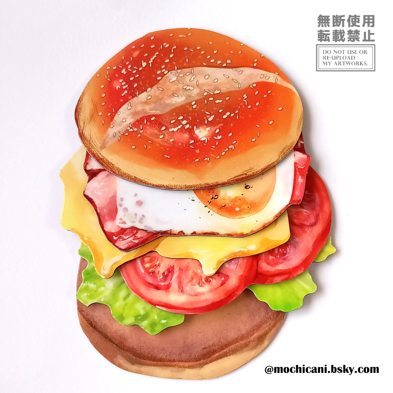 bluesky_username bread burger cheese commentary_request egg_(food) food food_focus fried_egg lettuce meat mochicani no_humans original sesame_seeds simple_background still_life tomato tomato_slice white_background