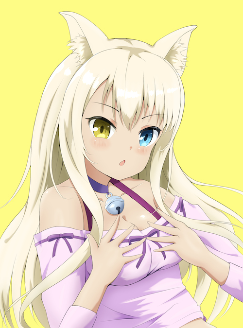 1girl animal_ear_fluff animal_ears bare_shoulders bell blonde_hair blue_eyes blush breasts cat_ears cat_girl coconut_(nekopara) collarbone dot_nose feet_out_of_frame female_focus heterochromia long_hair looking_at_viewer neck_bell nekopara open_mouth purple_shirt shirt simple_background solo yellow_background yellow_eyes zia5h