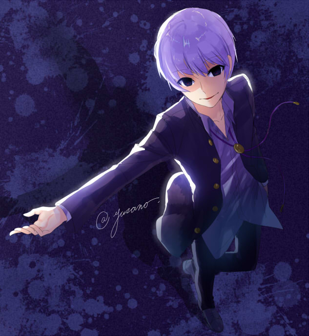 1boy bad_id bad_pixiv_id byakuya_(under_night_in-birth) gakuran grey_hair looking_at_viewer looking_up male_focus outstretched_hand school_uniform short_hair smile solo under_night_in-birth yusano