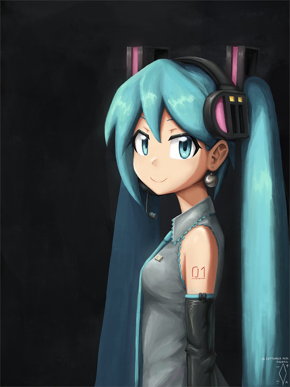 1girl aqua_eyes aqua_hair aqua_necktie artist_logo artist_name black_background black_sleeves closed_mouth collared_shirt dated detached_sleeves digiral earrings fine_art_parody from_side girl_with_a_pearl_earring grey_shirt hair_ornament hatsune_miku headphones highres jewelry logo long_hair looking_at_viewer necktie parody pearl_earrings shirt sleeveless sleeveless_shirt smile solo twintails upper_body vocaloid