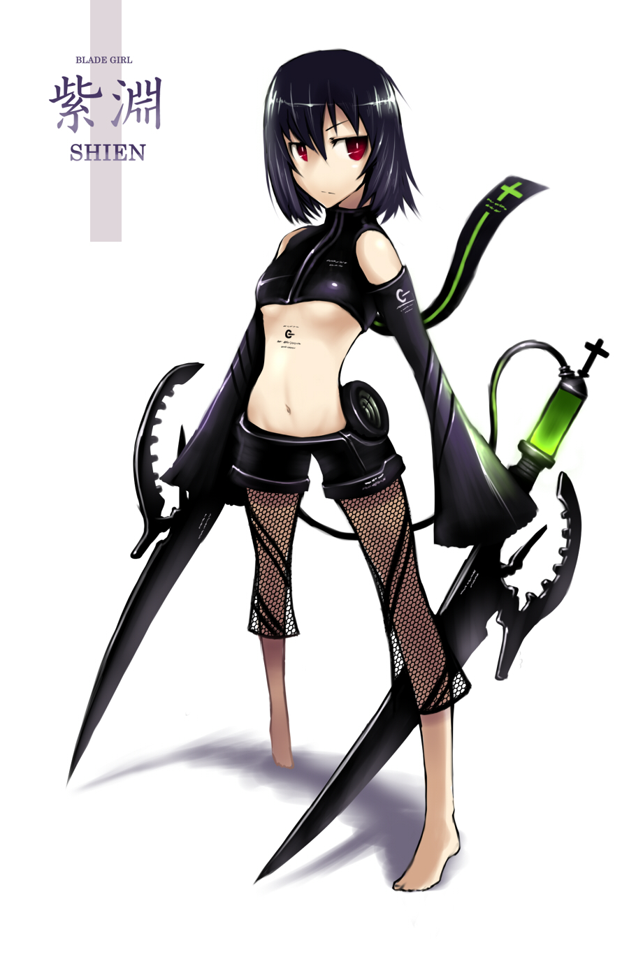 1girl bare_shoulders barefoot black_hair breasts cross detached_sleeves dual_wielding female_focus fishnets flat_chest gia goth_fashion half-shirt highres holding midriff navel original red_eyes science_fiction shien_(gia) short_hair shorts solo sword tattoo underboob weapon