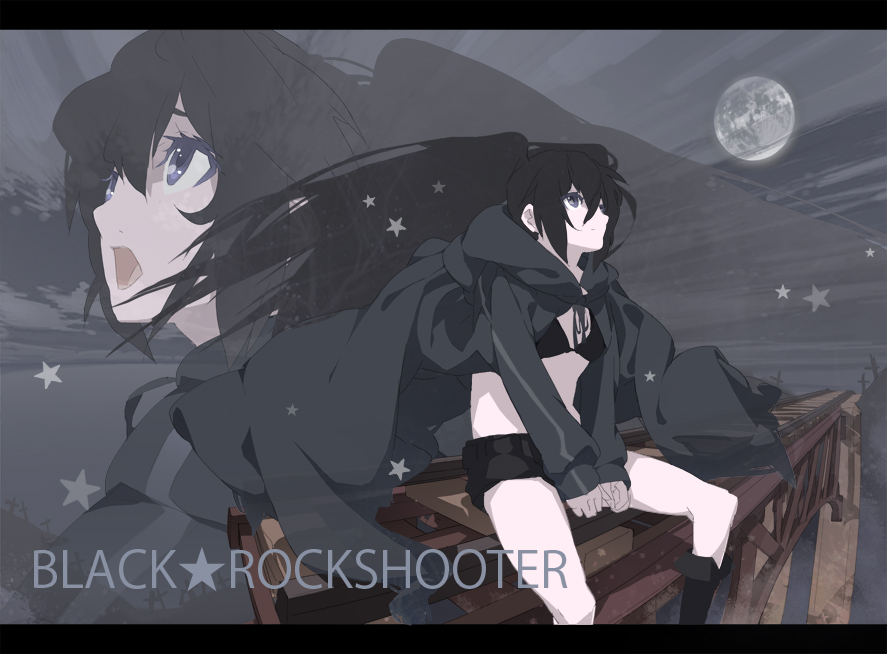 10s bad_id bad_pixiv_id black_hair black_rock_shooter black_rock_shooter_(character) blue_eyes hatsune_miku long_hair midriff moon neemui shorts twintails vocaloid