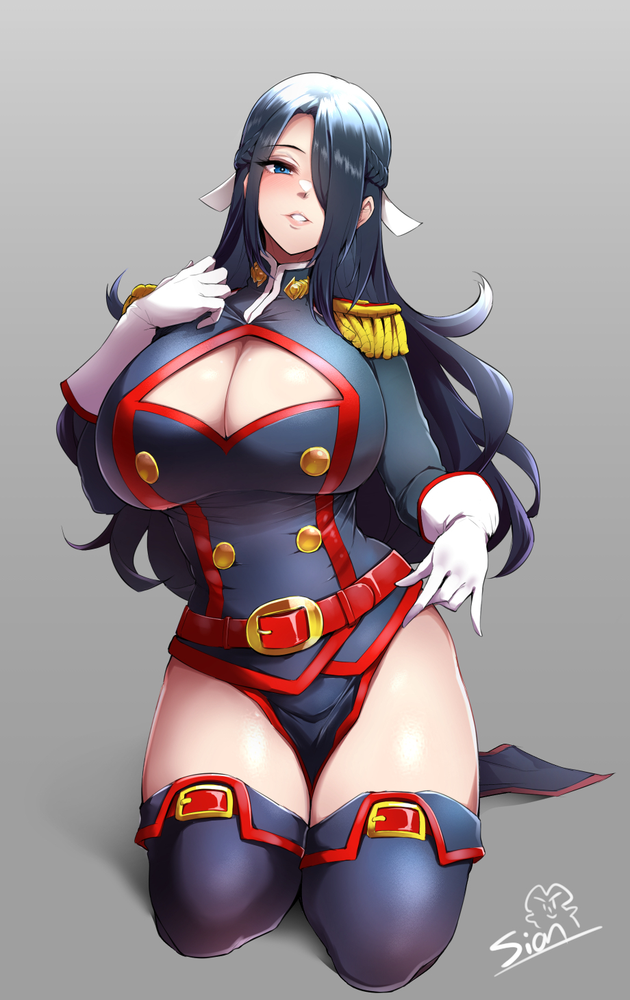 1girl azuma_fubuki belt black_hair black_thighhighs blue_eyes breasts cleavage cleavage_cutout clothing_cutout epaulettes gloves hair_over_one_eye highres huge_breasts impossible_clothes impossible_shirt kneeling long_bangs long_hair looking_at_viewer mato_seihei_no_slave mature_female military military_uniform parted_lips pelvic_curtain shirt sian smile solo thighhighs thighs white_gloves