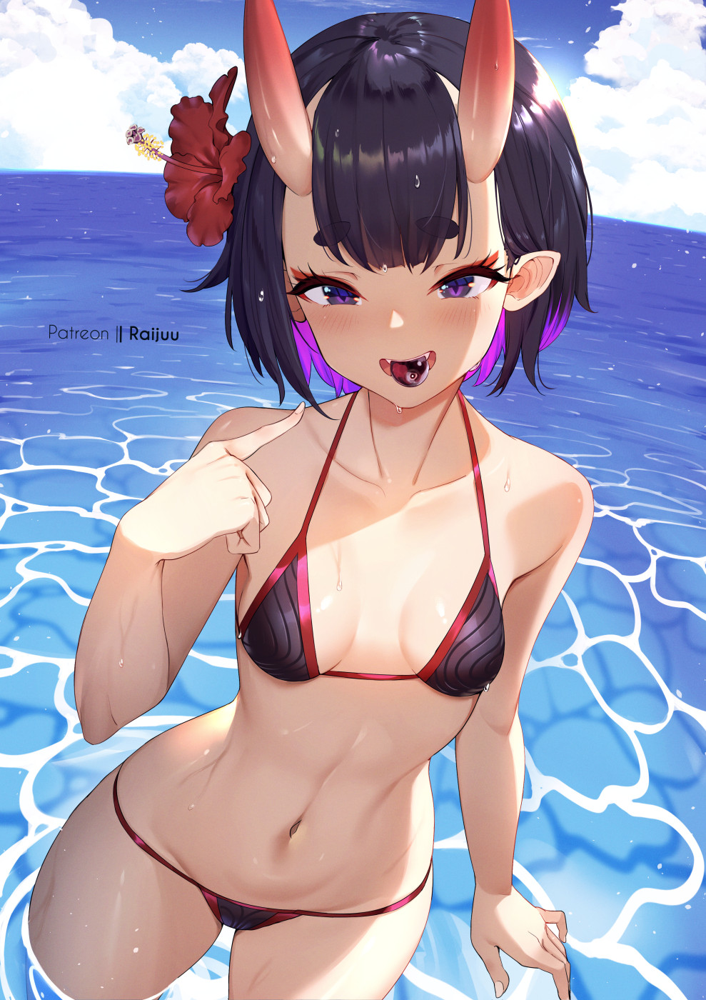 1girl bare_shoulders bikini black_bikini blue_sky blush bob_cut breasts eyeliner fate/grand_order fate_(series) food fruit grapes highres horns looking_at_viewer makeup mouth_hold navel ocean oni open_mouth patreon_logo pointy_ears purple_eyes purple_hair raijuu_(bakanara) short_eyebrows short_hair shuten_douji_(fate) skin-covered_horns sky small_breasts smile solo swimsuit teeth thighs wading wet