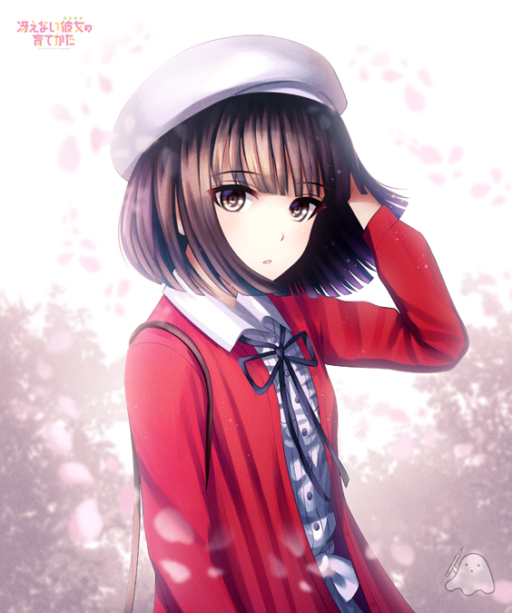 1girl beret blush brown_eyes brown_hair copyright_name critter100 female_focus hat katou_megumi long_sleeves looking_at_viewer parted_lips saenai_heroine_no_sodatekata short_hair solo upper_body