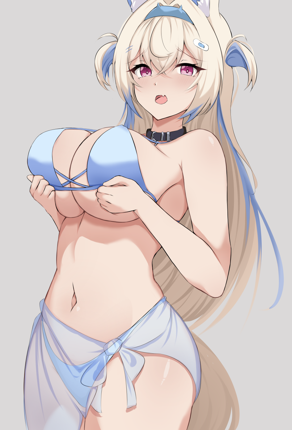 1girl animal_ear_fluff animal_ears belt_collar bikini black_collar blonde_hair blue_bikini blue_hair breasts collar fuwawa_abyssgard grey_background hairband hands_on_own_chest highres hololive hololive_english huge_breasts long_hair looking_at_viewer multicolored_hair navel open_mouth pink_eyes sarong sideboob simple_background solo stomach streaked_hair swimsuit tail two-tone_hair two_side_up underboob virtual_youtuber zeropen