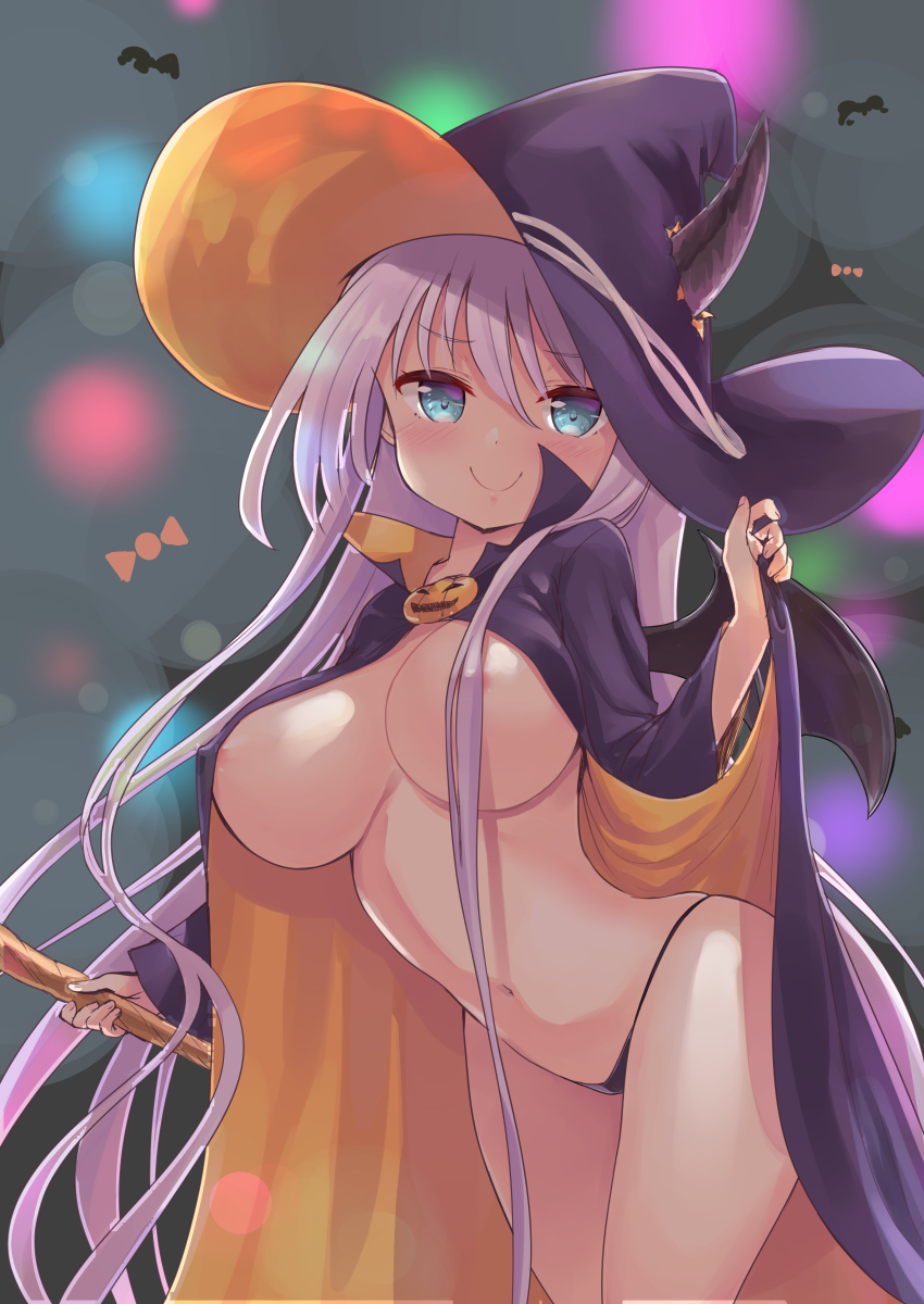 1girl aqua_eyes areola_slip black_panties blush breasts cape closed_mouth commentary_request covered_erect_nipples hair_censor hair_over_breasts halloween hat highres large_breasts long_hair long_sleeves looking_at_viewer navel no_bra original panties purple_hair simple_background smile solo staff tenjou_ryuka underwear very_long_hair witch_hat