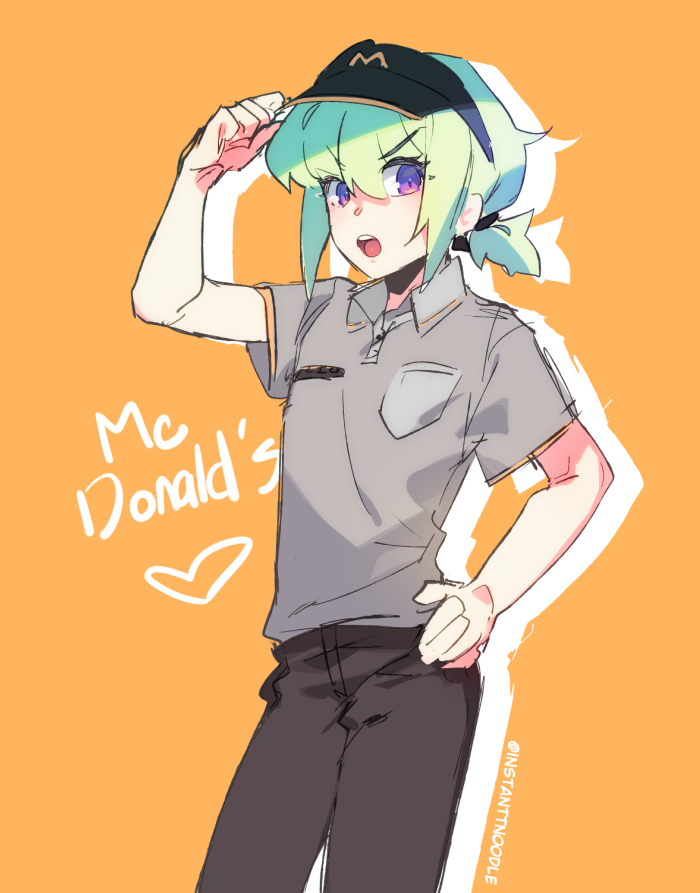 1boy green_hair hand_on_own_hip instanttnoodle lio_fotia looking_at_viewer low_ponytail male_focus mcdonald&#039;s open_mouth orange_background pants promare purple_eyes simple_background solo v-shaped_eyebrows