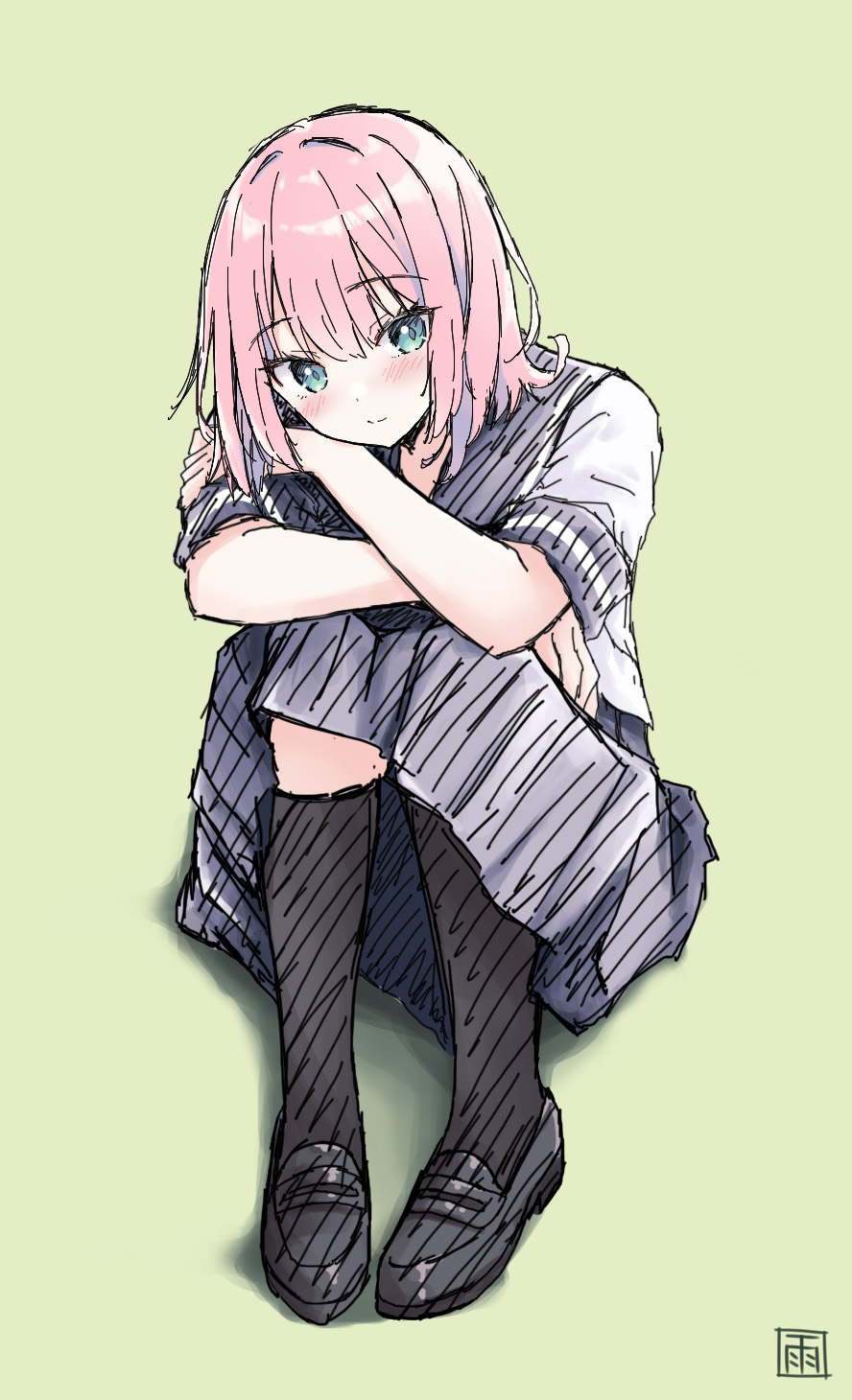 1girl amane_sou arms_on_knees black_footwear black_socks blush character_request copyright_request crossed_arms green_eyes grey_skirt head_on_arm highres kneehighs knees_up light_smile loafers looking_at_viewer medium_hair pink_hair pleated_skirt sailor_collar school_uniform shoes simple_background sitting skirt socks solo