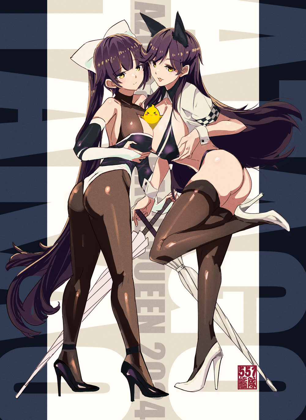 2girls animal_ears atago_(azur_lane) atago_(stunning_speedster)_(azur_lane) azur_lane bikini bird black_bikini black_footwear black_hair black_pantyhose black_thighhighs bodystocking bow breast_press breasts brown_eyes car character_name chick commentary_request elbow_gloves extra_ears full_body gloves hair_flaps high_heels highres large_breasts long_hair manjuu_(azur_lane) merican_sack mole mole_under_eye motor_vehicle multicolored_bikini multiple_girls official_alternate_costume on_car pantyhose planted planted_umbrella race_queen ribbon shrug_(clothing) sitting_on_car swimsuit symmetrical_docking takao_(azur_lane) takao_(full_throttle_charmer)_(azur_lane) taut_bodystocking thighhighs turtleneck two-tone_bikini two-tone_leotard umbrella white_bow white_footwear white_gloves white_ribbon white_umbrella wolf_ears wrist_cuffs yuri