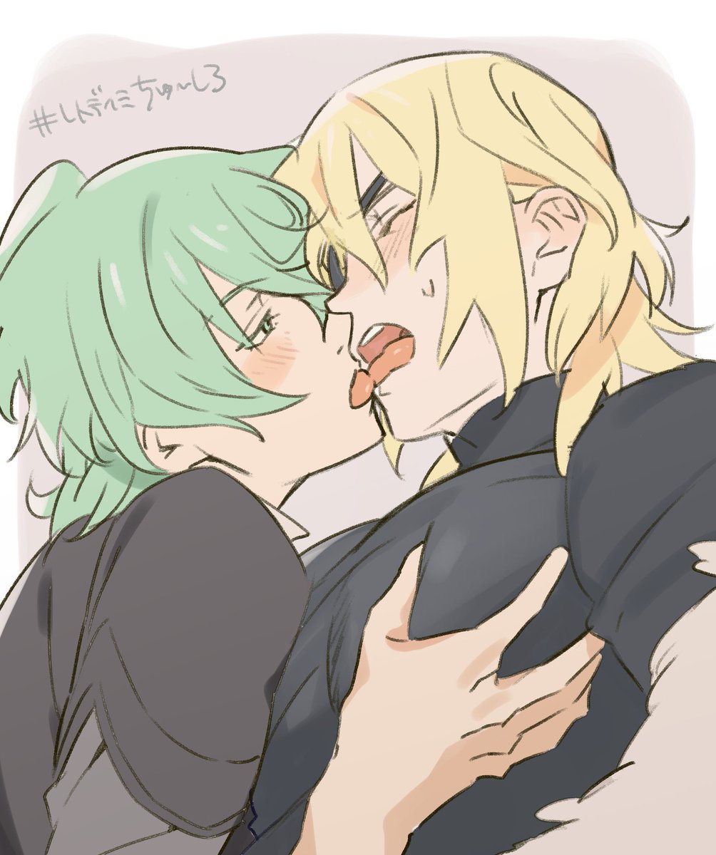 2boys black_shirt blonde_hair blush border byleth_(fire_emblem) byleth_(male)_(fire_emblem) closed_eyes commentary_request couple dimitri_alexandre_blaiddyd enlightened_byleth_(female) eyepatch fire_emblem fire_emblem:_three_houses french_kiss green_eyes green_hair hair_between_eyes half-closed_eyes highres kiss layered_clothes leaning_forward looking_at_another male_focus multiple_boys nintendo one_eye_covered open_mouth pectoral_grab profile shirt simple_background sweat sweatdrop teeth tongue turtleneck upper_teeth_only wa_fe white_border yaoi