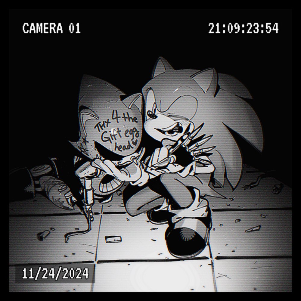 2boys bac0n_pancakes black_border blush body_writing border broken camera_feed commentary_request dated english_text furry furry_male gloves greyscale heart korean_commentary male_focus metal_sonic monochrome multiple_boys one_eye_closed robot shoes sonic_(series) sonic_the_hedgehog squatting