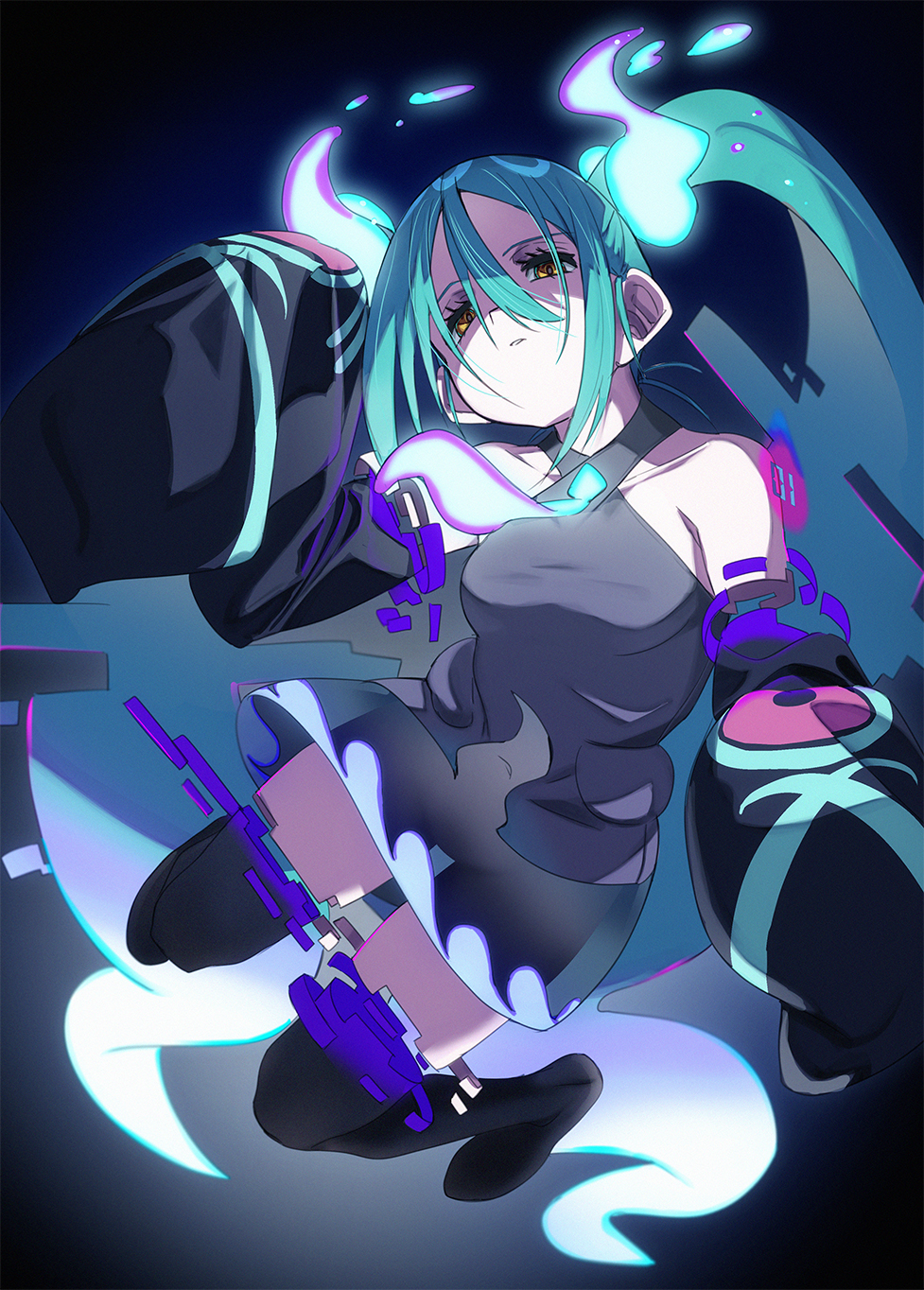 1girl aqua_hair bare_shoulders black_sleeves commentary covered_navel creatures_(company) detached_arm detached_legs detached_sleeves fu-ta game_freak ghost ghost_miku_(project_voltage) glitch glowing_neckwear grey_shirt hair_between_eyes hatsune_miku highres long_hair looking_at_viewer navel necktie nintendo no_panties pale_skin pokemon print_sleeves project_voltage see-through_clothes see-through_skirt shirt skirt sleeves_past_fingers sleeves_past_wrists solo thighhighs twintails very_long_hair vocaloid white_necktie yellow_eyes