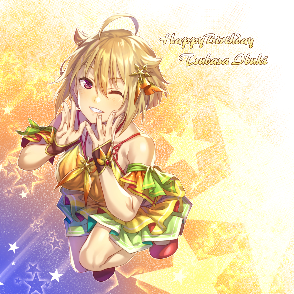 1girl ;) ahoge arm_strap blonde_hair breasts dress frilled_dress frills grin hair_between_eyes hair_ornament happy_birthday ibuki_tsubasa idolmaster idolmaster_million_live! looking_at_viewer medium_breasts nanaran one_eye_closed red_eyes short_hair smile solo star_(symbol) star_hair_ornament star_symbol_background wrist_cuffs yellow_dress