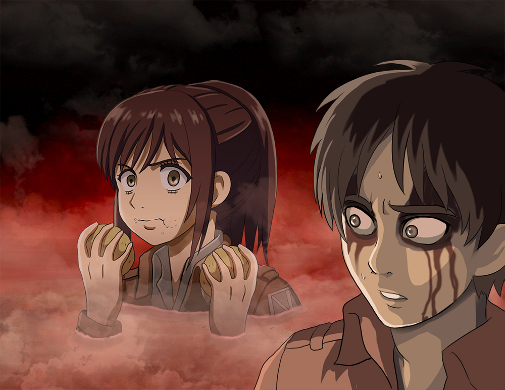 1boy 1girl black_hair brown_hair eating eren_yeager parody potato sasha_blouse shingeki_no_kyojin spoilers tk8d32