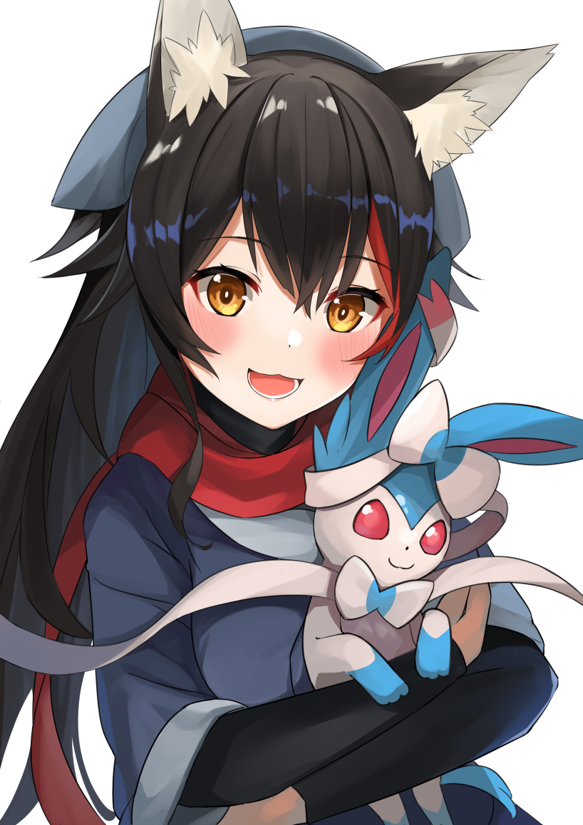 1girl :d akari_(pokemon) akari_(pokemon)_(cosplay) alternate_color animal_ear_fluff animal_ears black_hair blue_kimono blush brown_eyes commentary_request cosplay creatures_(company) game_freak gen_6_pokemon holding holding_pokemon hololive japanese_clothes kimono layered_sleeves long_sleeves looking_at_viewer multicolored_hair nintendo ookami_mio open_mouth pokemon pokemon_(creature) pokemon_legends:_arceus red_hair red_scarf scarf shiny_pokemon short_over_long_sleeves short_sleeves simple_background smile sora_no_tori streaked_hair sylveon upper_body virtual_youtuber white_background wolf_ears