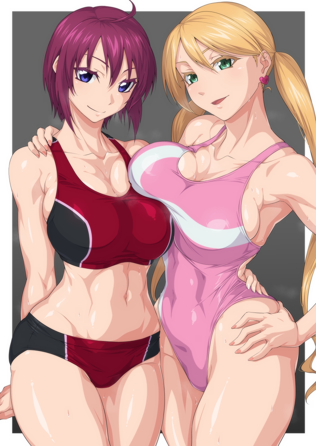 2girls ahoge armpits bare_shoulders bikini black_bikini blonde_hair blue_eyes blush breasts cleavage collarbone commentary_request commission competition_swimsuit covered_navel cowboy_shot earrings eyebrows_hidden_by_hair green_eyes groin gundam gundam_seed gundam_seed_destiny gundam_tekketsu_no_orphans hair_between_eyes hand_on_another&#039;s_back hand_on_another&#039;s_shoulder hand_on_own_hip head_tilt heart heart_earrings highres jewelry lafter_frankland large_breasts long_hair looking_at_viewer lunamaria_hawke midriff multicolored_bikini multiple_girls navel one-piece_swimsuit ozaneko parted_lips partial_commentary pink_one-piece_swimsuit red_bikini red_hair short_hair side-by-side sidelocks simple_background skeb_commission smile sports_bikini standing swimsuit twintails two-tone_bikini