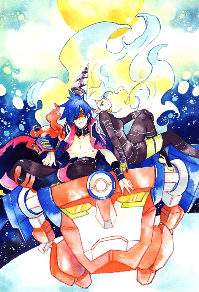 00s 1boy 1girl antispiral_nia blonde_hair blue_hair bodysuit coat couple goggles hand_on_own_knee hetero hoshitsu jacket jewelry lagann long_coat long_hair mecha multicolored_hair neon_trim nia_teppelin open_clothes open_coat polearm ring robot short_hair simon_(ttgl) skin_tight space spear star_(symbol) tengen_toppa_gurren_lagann topless_male two-tone_hair very_long_hair weapon