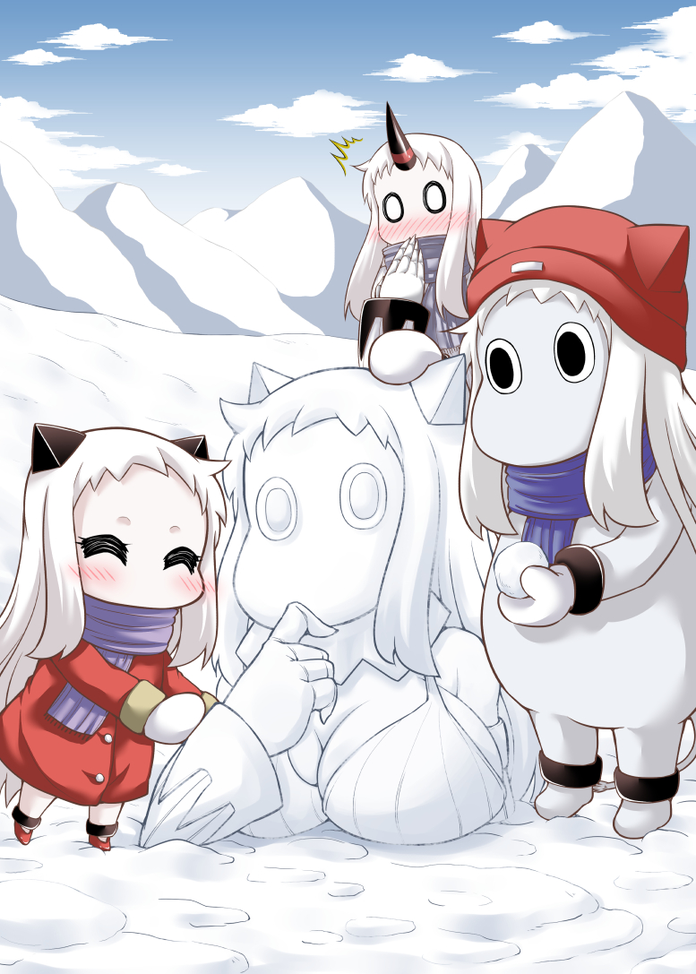 0_0 10s 2girls ^^^ ^_^ abyssal_ship alternate_costume blush breasts claws cleavage closed_eyes coat commentary_request contemporary closed_eyes hat horns kantai_collection large_breasts long_hair mittens moomin multiple_girls muppo northern_ocean_princess o_o scarf seaport_princess single_horn snow snowball snowman winter_clothes winter_coat yamato_nadeshiko