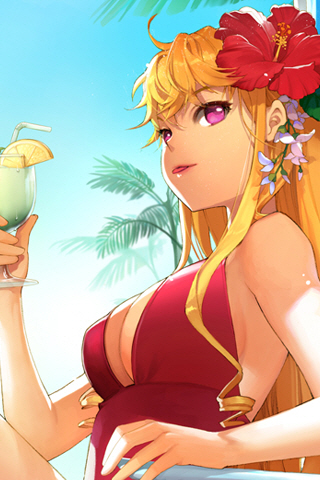 1girl :p ahoge bikini blonde_hair breasts cinia_pacifica cocktail day female_focus flower hair_flower hair_ornament hibiscus large_breasts lowres luthica outdoors purple_eyes solo swimsuit sword_girls tongue tongue_out