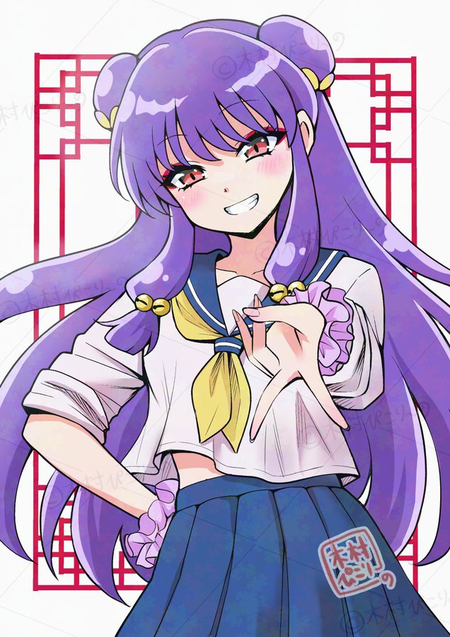 1girl brown_eyes double_bun hair_bun long_hair purple_hair ranma_1/2 sailor school_uniform shampoo_(ranma_1/2) sidelocks