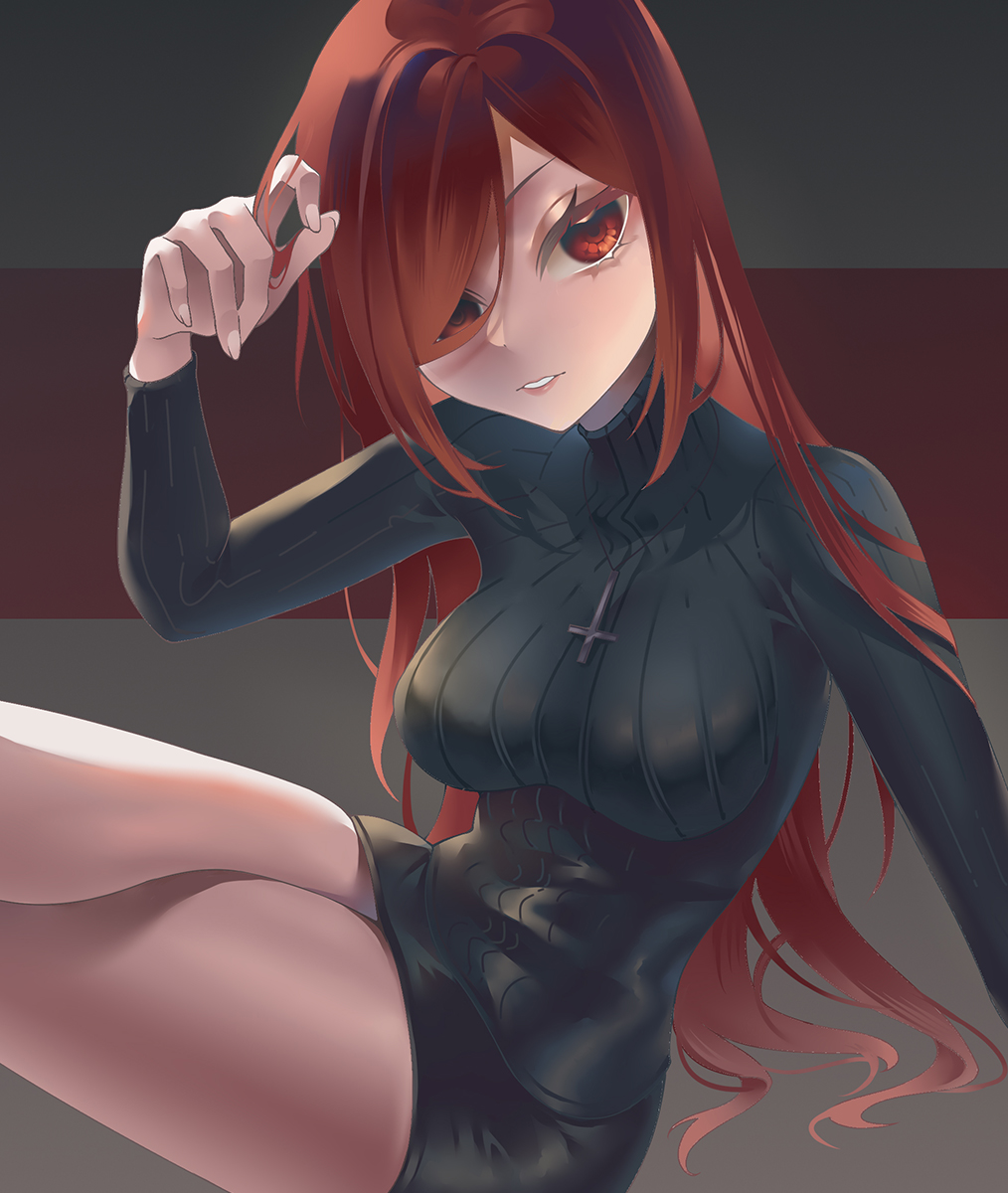 1girl bamboo159753 breasts cross cross_necklace grey_background hair_over_one_eye hand_in_own_hair highres jewelry large_breasts long_hair necklace parasoul_(skullgirls) parted_lips red_eyes red_hair sitting skirt skullgirls solo sweater thick_thighs thighs turtleneck turtleneck_sweater