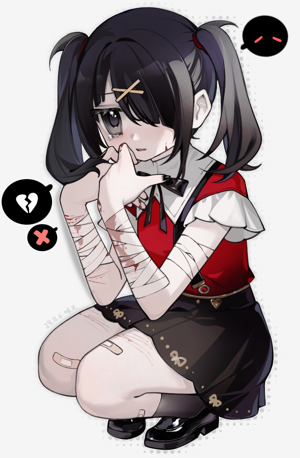 1girl ame-chan_(needy_girl_overdose) bandaged_arm bandages bandaid bandaid_on_leg black_eyes black_footwear black_hair black_nails black_ribbon black_skirt black_socks blood bloody_bandages broken_heart chinese_commentary closed_mouth collared_shirt commentary_request cuts full_body grey_background hair_ornament hair_over_one_eye hands_up heart highres injury loafers long_hair nail_polish neck_ribbon needy_girl_overdose red_shirt ribbon self-harm self-harm_scar shirt shoes simple_background skirt socks solo spoken_expression squatting suspender_skirt suspenders tearing_up twintails wei_wu wrist_cutting x_hair_ornament