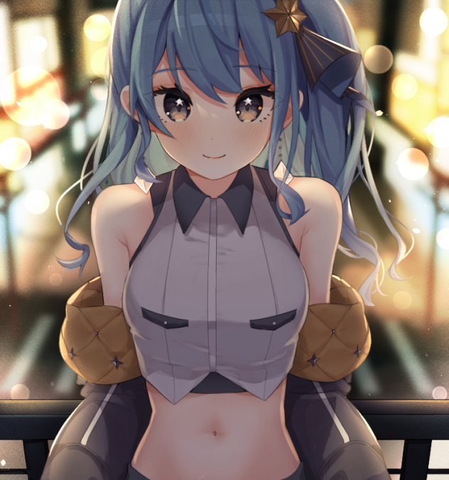 1girl bare_shoulders black_jacket blue_hair blurry blurry_background blush closed_mouth collared_shirt crop_top gyudon_uma hair_ornament hair_ribbon hololive hoshimachi_suisei jacket long_hair looking_at_viewer midriff navel off_shoulder open_clothes open_jacket ribbon shirt sleeveless sleeveless_shirt smile solo star_(symbol) star_hair_ornament star_in_eye symbol_in_eye virtual_youtuber white_shirt