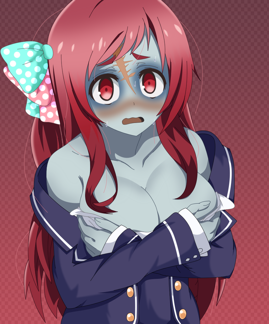 10s 1girl bare_shoulders blue_skin blush bow breasts carlos_daniel checkered_background cleavage collarbone colored_skin covering_breasts covering_privates eyeshadow female_focus large_breasts long_hair makeup minamoto_sakura off_shoulder open_mouth polka_dot polka_dot_bow red_eyes red_hair scar scar_across_eye scar_on_face scar_on_forehead school_uniform simple_background solo sweat wavy_mouth zombie zombie_land_saga