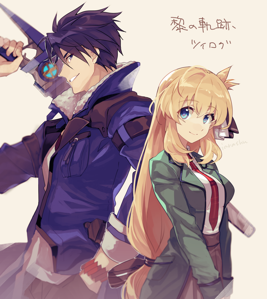 1boy 1girl agnes_claudel aramis_high_school_uniform blonde_hair blue_coat blue_eyes blue_hair breasts coat commentary_request eiyuu_densetsu green_jacket hand_in_pocket holding holding_sword holding_weapon jacket kuro_no_kiseki_(series) kuro_no_kiseki_i long_hair low-tied_long_hair necktie red_necktie riarashu school_uniform simple_background smile sword teeth translation_request van_arkride weapon white_background