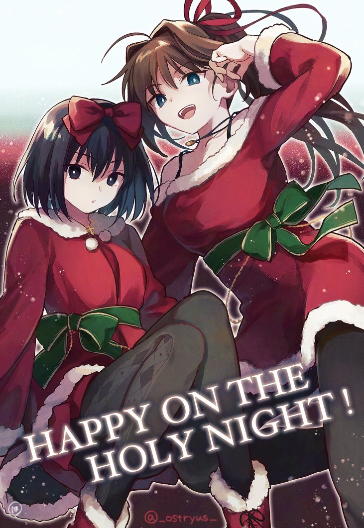 2girls ahoge aozaki_aoko black_eyes black_hair blue_eyes boots bow brown_hair christmas_tree commentary dress fur-trimmed_boots fur-trimmed_dress fur-trimmed_jacket fur_trim hair_bow hair_intakes hair_ribbon jacket kuonji_alice mahou_tsukai_no_yoru merry_christmas multiple_girls open_mouth ostryus ponytail red_bow red_dress red_footwear red_ribbon ribbon santa_costume santa_dress twitter_username