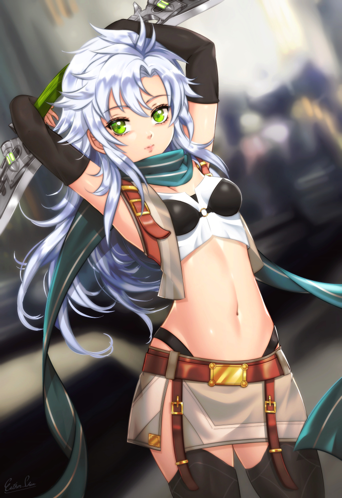 1girl antenna_hair armpits arms_up black_bra black_gloves black_thighhighs blurry bra breasts cowboy_shot crop_top dagger depth_of_field eiyuu_densetsu elbow_gloves esther_shen falcom fie_claussell fingerless_gloves gloves green_eyes hajimari_no_kiseki highleg knife long_hair looking_at_viewer midriff miniskirt navel o-ring o-ring_top scarf sen_no_kiseki_(series) sen_no_kiseki_i shirt side_slit skirt sleeveless sleeveless_shirt small_breasts solo standing stomach thighhighs underwear vest weapon white_hair white_shirt white_skirt