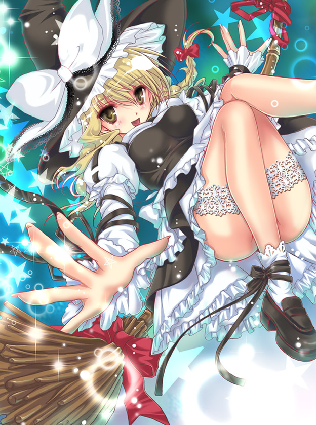 1girl arm_ribbon bad_id bad_pixiv_id blonde_hair blush braid breasts bridal_garter broom convenient_leg female_focus hat impossible_clothes impossible_shirt kirisame_marisa lace legs loafers long_sleeves no_panties open_mouth outstretched_hand ribbon shirt shisaki_tayu shoes smile solo sparkle star_(symbol) tayu_shisaki touhou witch witch_hat wrist_ribbon yellow_eyes