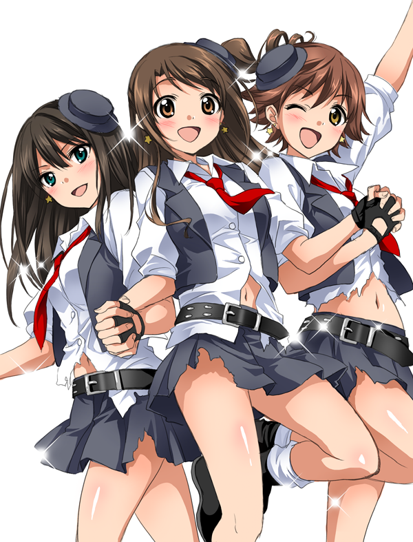 3girls arm_up belt black_belt black_footwear black_gloves blush breasts brown_eyes brown_hair dot_nose earrings fingerless_gloves glint gloves green_eyes grey_headwear grey_skirt grey_vest hat holding_hands honda_mio idolmaster idolmaster_cinderella_girls idolmaster_cinderella_girls_starlight_stage interlocked_fingers itsuki_sayaka jewelry large_breasts leg_up long_hair looking_at_viewer medium_breasts mini_hat multiple_girls navel necktie new_generations_(idolmaster) one_eye_closed one_side_up open_mouth red_necktie shibuya_rin shimamura_uzuki shirt short_hair short_sleeves simple_background skirt smile socks sparkle standing standing_on_one_leg star_(symbol) star_earrings torn_clothes vest white_background white_shirt white_socks