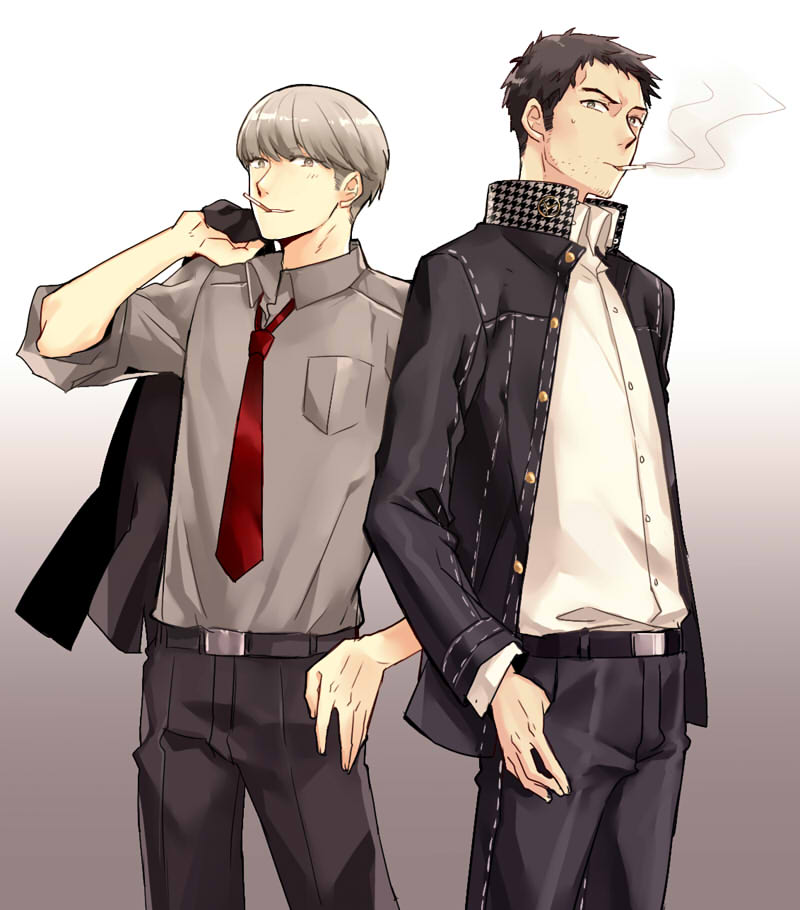 2boys black_hair cigarette cosplay costume_switch doujima_ryoutarou doujima_ryoutarou_(cosplay) facial_hair grey_hair jacket jacket_over_shoulder unworn_jacket male_focus megami_tensei multiple_boys narukami_yuu narukami_yuu_(cosplay) necktie open_clothes open_jacket persona persona_4 saeuchobab shin_megami_tensei smoking stubble