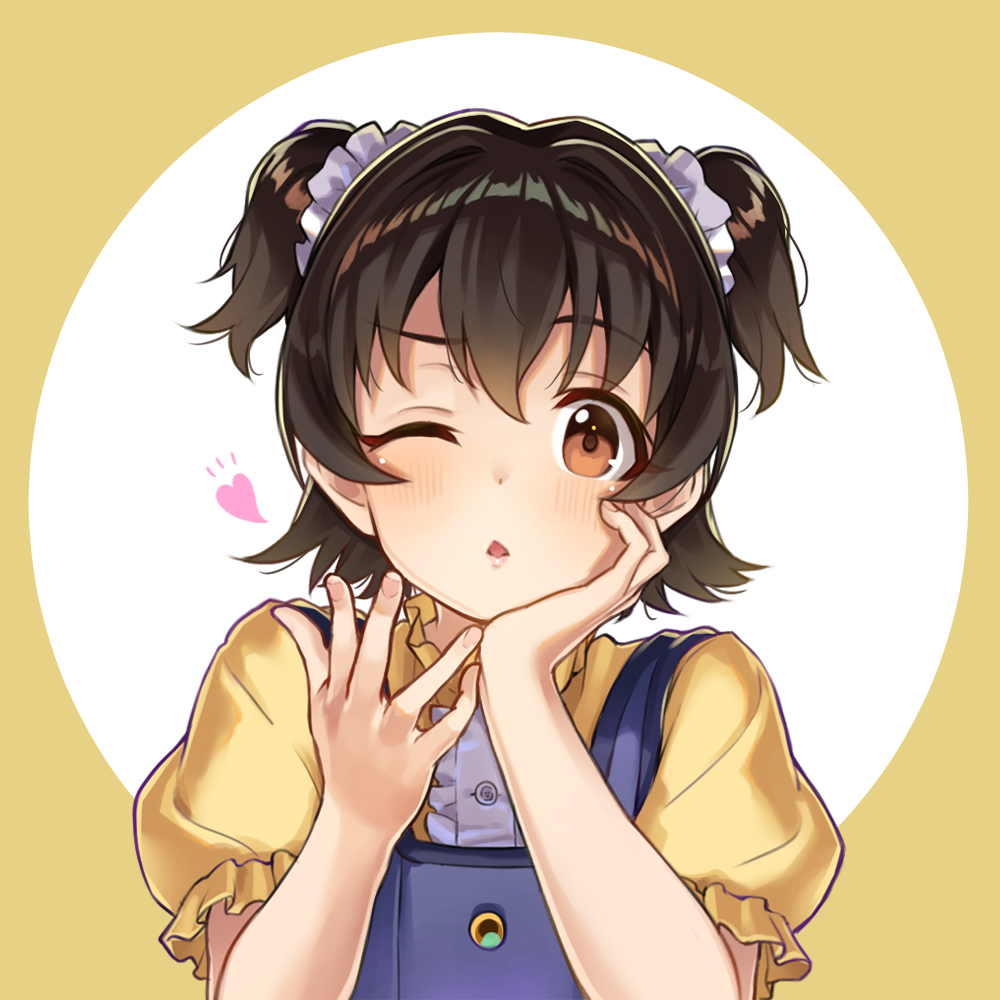 1girl ;o akagi_miria black_hair blowing_kiss blue_dress blush center_frills commentary dress frills hand_on_own_cheek hand_on_own_face heart idolmaster idolmaster_cinderella_girls looking_at_viewer one_eye_closed pinafore_dress puffy_short_sleeves puffy_sleeves shiraha_(shiraha_0129) shirt short_sleeves sleeveless sleeveless_dress solo two_side_up upper_body yellow_shirt