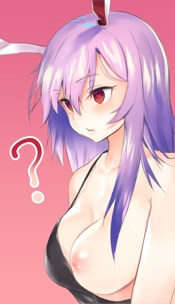 1girl ? animal_ears asuzemu breasts gradient_background heart heart-shaped_pupils large_breasts nipples one_breast_out pink_background purple_hair rabbit_ears red_eyes reisen_udongein_inaba solo symbol-shaped_pupils touhou upper_body