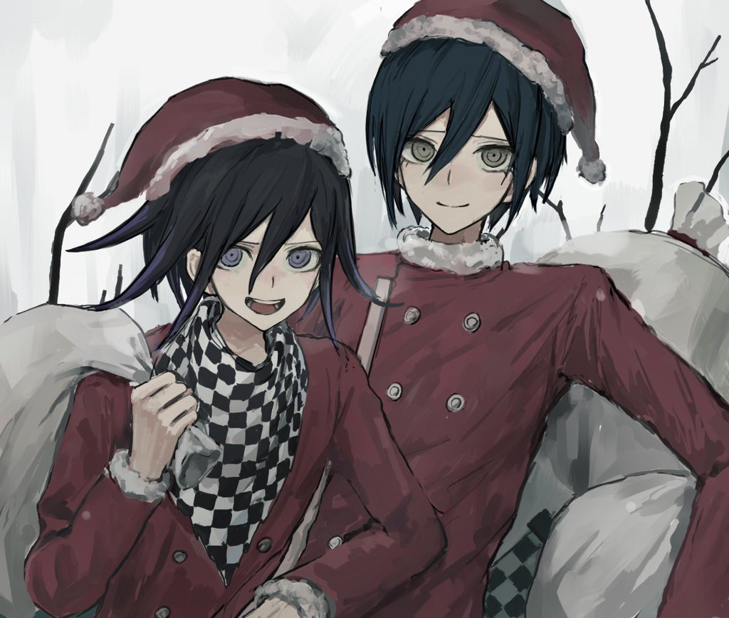 2boys argyle_background argyle_clothes black_hair checkered_floor christmas commentary_request danganronpa_(series) danganronpa_v3:_killing_harmony fur-trimmed_headwear fur-trimmed_jacket fur_trim hair_between_eyes hat holding holding_sack iumi_urura jacket male_focus multiple_boys oma_kokichi open_mouth over_shoulder purple_eyes purple_hair red_headwear sack saihara_shuichi santa_costume santa_hat smile upper_body