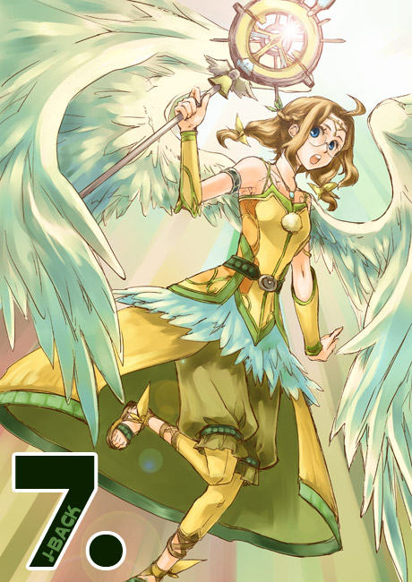 1girl ahoge arms_at_sides belt blue_eyes brown_hair coat feathers full_body hair_ribbon jewelry long_hair low-tied_long_hair necklace pants polearm ponytail ribbon sandals sarah_jerand simple_background solo star_ocean star_ocean_the_last_hope weapon white_background wings wrist_cuffs