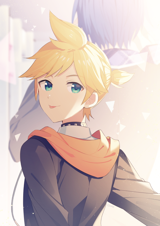 2boys :p black_hoodie blonde_hair blue_eyes blue_hair blurry collar depth_of_field hood hoodie kagamine_len kaito_(vocaloid) leo/need_kaito leo/need_len long_sleeves multiple_boys orange_hood shirt short_hair short_ponytail sinaooo tongue tongue_out visible_ears vocaloid white_shirt