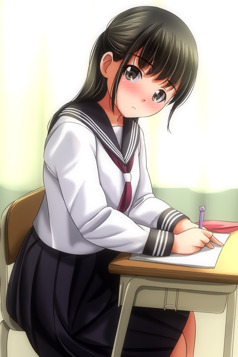 1girl black_hair black_skirt blush brown_eyes chair classroom curtains desk holding holding_pencil long_hair long_sleeves looking_at_viewer matsunaga_kouyou neckerchief open_mouth original paper pencil ponytail red_neckerchief school_uniform shirt sitting skirt white_shirt window writing