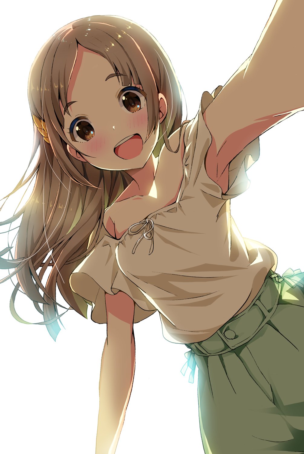 1girl armpits blush brown_eyes brown_hair collarbone dutch_angle gakuen_idolmaster green_pants hair_ornament highres idolmaster kuramoto_china long_hair looking_at_viewer michii_yuuki off-shoulder_shirt off_shoulder open_mouth pants parted_bangs shirt short_sleeves smile solo teeth upper_teeth_only white_background white_shirt