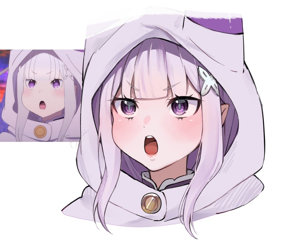 1girl animal_ear_hood blunt_bangs cloak commentary_request cropped_head derivative_work emilia_(re:zero) fake_animal_ears hair_ornament hood hood_up hooded_cloak long_hair looking_up pointy_ears puffy_cheeks purple_eyes re:zero_kara_hajimeru_isekai_seikatsu reference_inset saikoshin_3753 screenshot_redraw simple_background solo v-shaped_eyebrows white_background x_hair_ornament