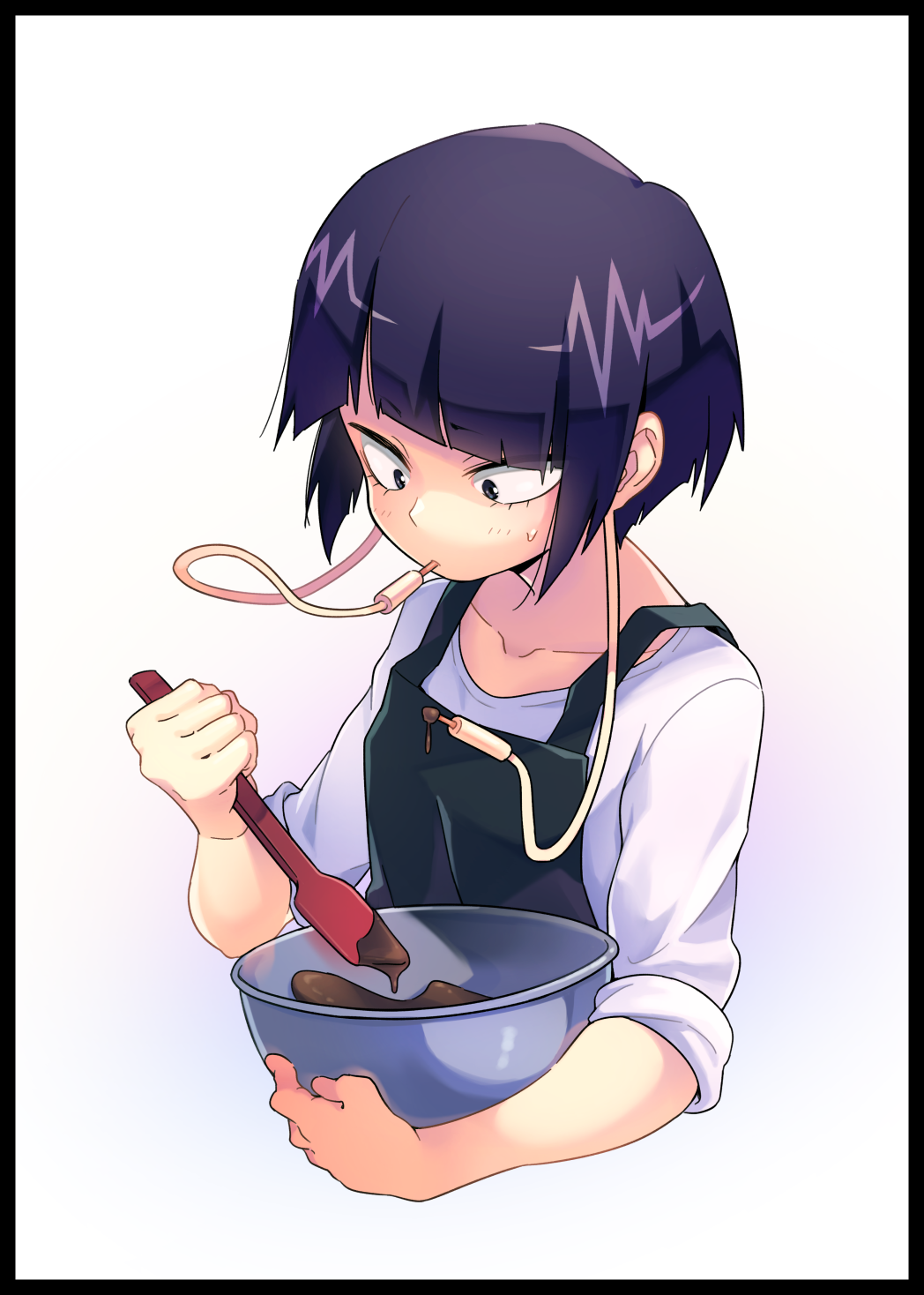 1girl abiko_yuuji apron audio_jack black_apron black_eyes boku_no_hero_academia chocolate commentary_request earplugs highres jirou_kyouka looking_down purple_hair shirt short_hair solo spatula tasting upper_body white_shirt