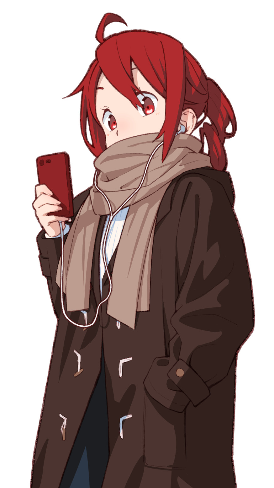 1girl ahoge black_coat brown_scarf cable cellphone coat drill_hair duffel_coat earphones eyebrows_hidden_by_hair hand_in_pocket highres holding holding_phone kasane_teto looking_at_viewer phone red_eyes red_hair scarf scarf_over_mouth short_hair simple_background smartphone solo upper_body utau white_background winter_clothes winter_coat yasutange