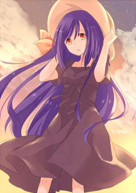 10s 1girl bow brown_eyes cloud dress dusk female_focus fujimi_shobo hat hat_bow long_hair purple_hair ribbon sky solo sun_hat tamotsu_(artist) tokyo_ravens tsuchimikado_natsume