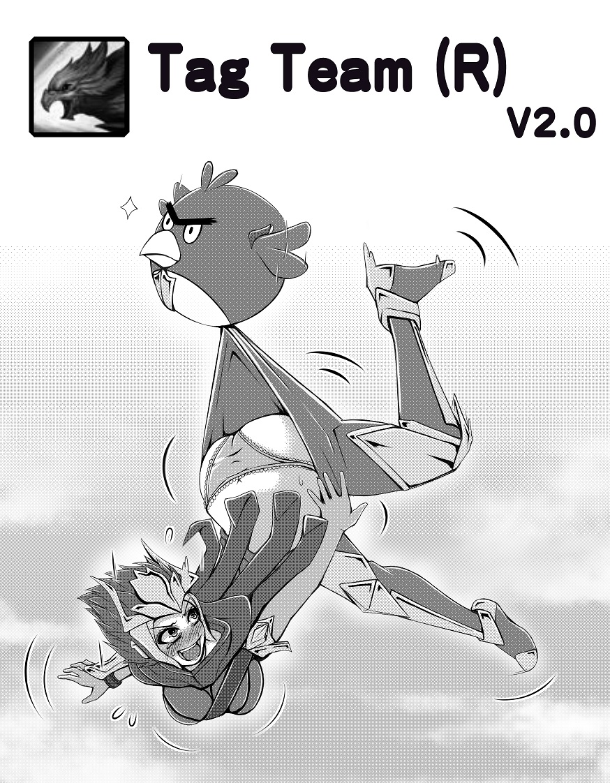 1girl angry_birds armor assisted_exposure bird blush carrying comic forehead_protector gameplay_mechanics greyscale league_of_legends monochrome oldlim panties quinn_(league_of_legends) short_hair underwear valor_(league_of_legends)