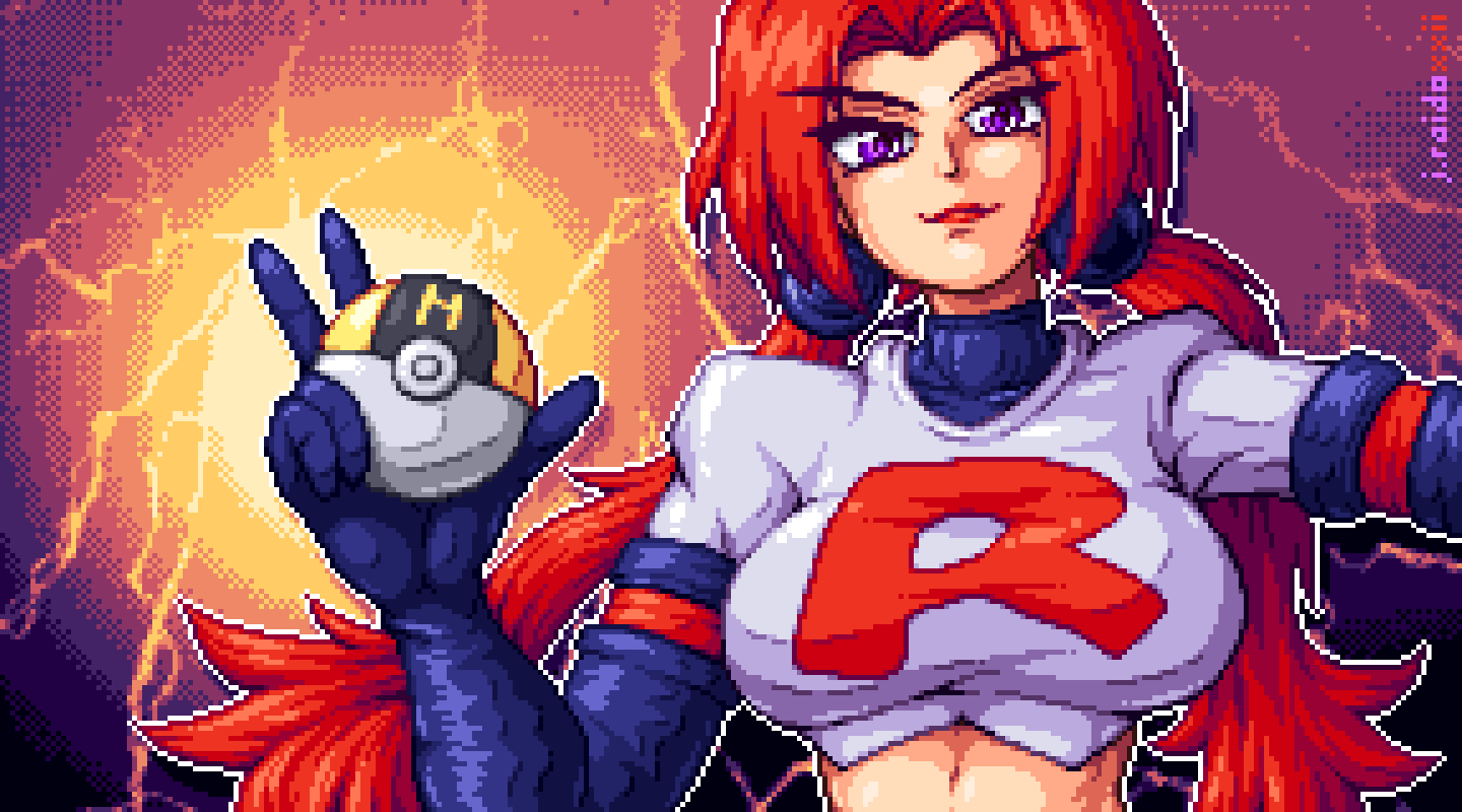 1girl artist_name black_gloves breasts creatures_(company) crop_top cropped_shirt elbow_gloves game_freak gloves holding holding_poke_ball j.raido large_breasts long_hair looking_at_viewer low_twintails navel nintendo pixel_art poke_ball pokemon pokemon_gsc pokemon_tcg purple_eyes red_hair smile solo team_rocket team_rocket_grunt team_rocket_uniform twintails upper_body