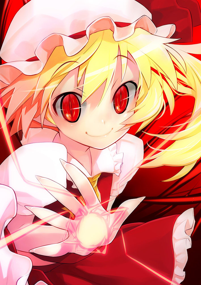 1girl bad_id bad_pixiv_id blonde_hair embodiment_of_scarlet_devil female_focus fingernails flandre_scarlet foreshortening hat kiritomo_koroha long_fingernails looking_at_viewer magic outstretched_hand ponytail red_eyes side_ponytail slit_pupils smile solo touhou